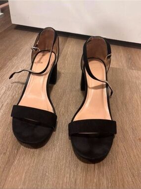 a new day Black Suede Block Heel Ankle Strap Sandals